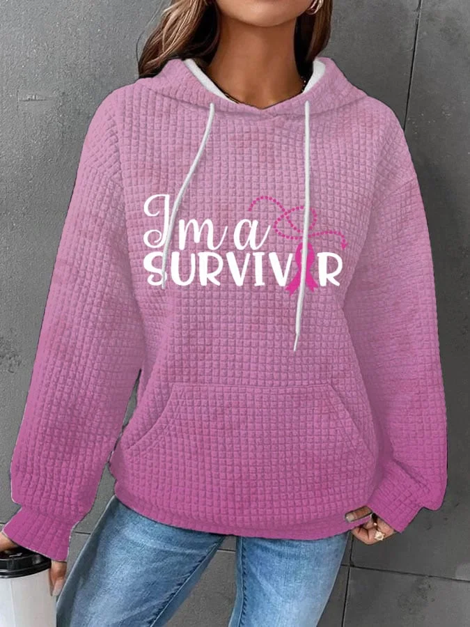 Women's Breast Cancer Ribbon Survivor Print Waffle Hoodie socialshop