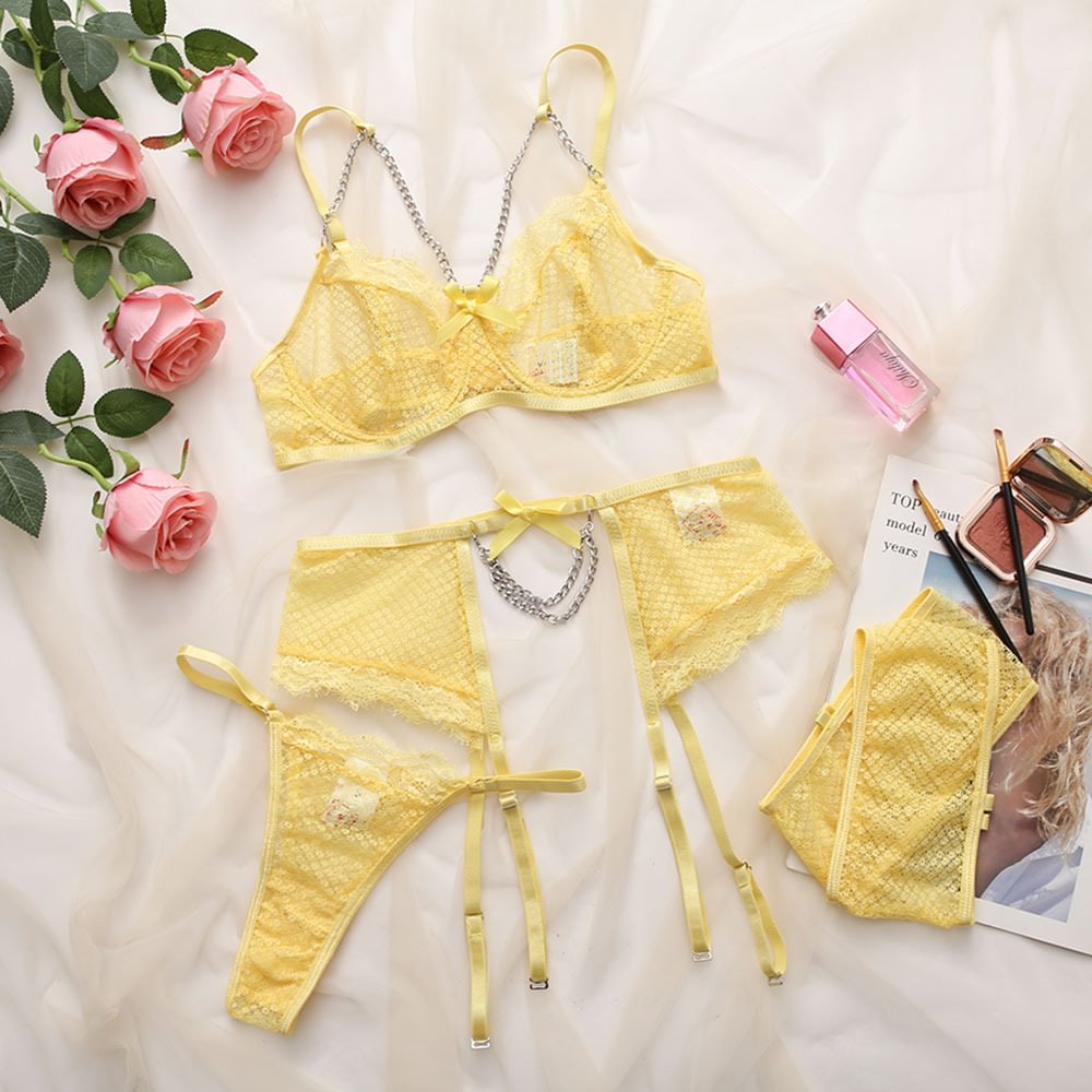 Mesh Stitching Eyelash Lace Chain Bow Waist Closure Sexy Underwear Women 