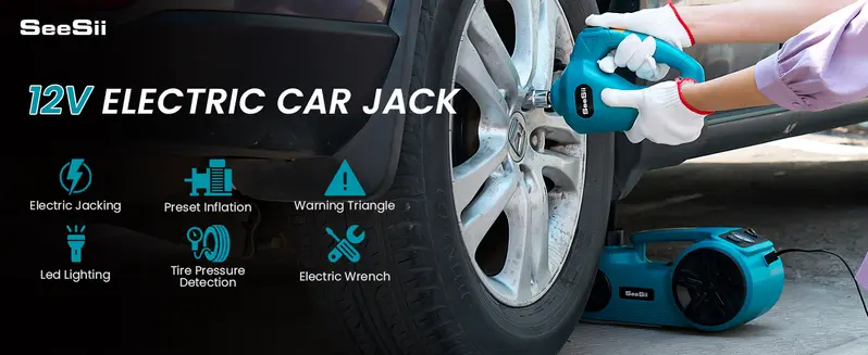 Product Introduction of SEESII 4-in-1 Electric Car Jack Set. 5-Ton Car Lift Kit for SUV/Truck Tires. Electric Impact Wrench / Tire Inflator. Change Tires in Minutes. CarHacks. DIYTools. dealsforyoudays 6