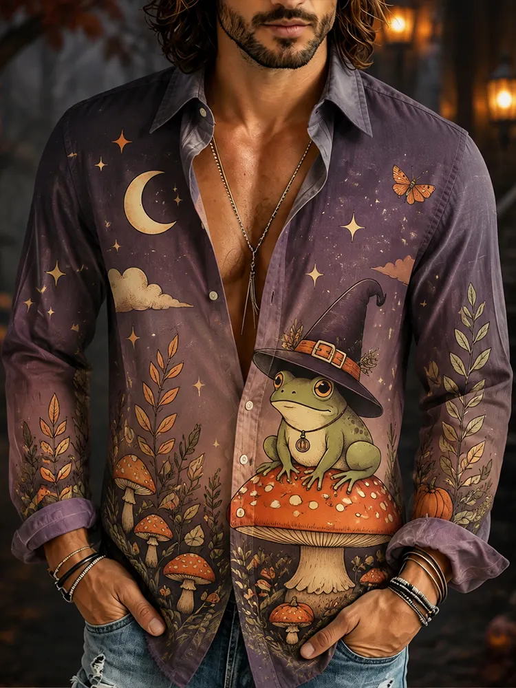 Men's Purple Halloween Witch Frog On Mushroom And Moon Print Long Sleeve Shirt
