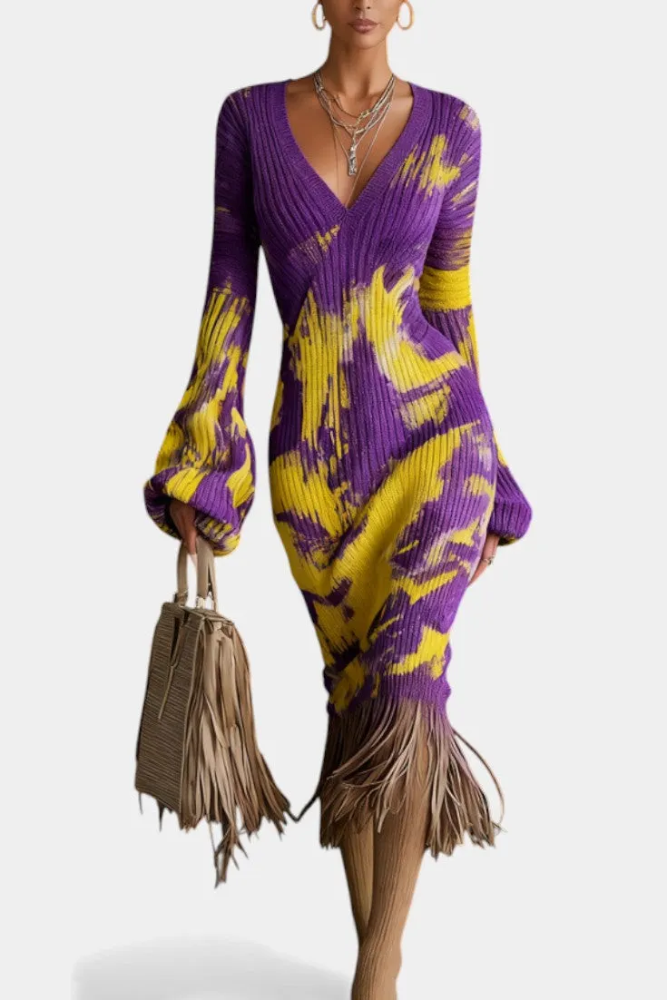 V-Neck Fringe Knit Midi Dress with Bell Sleeves