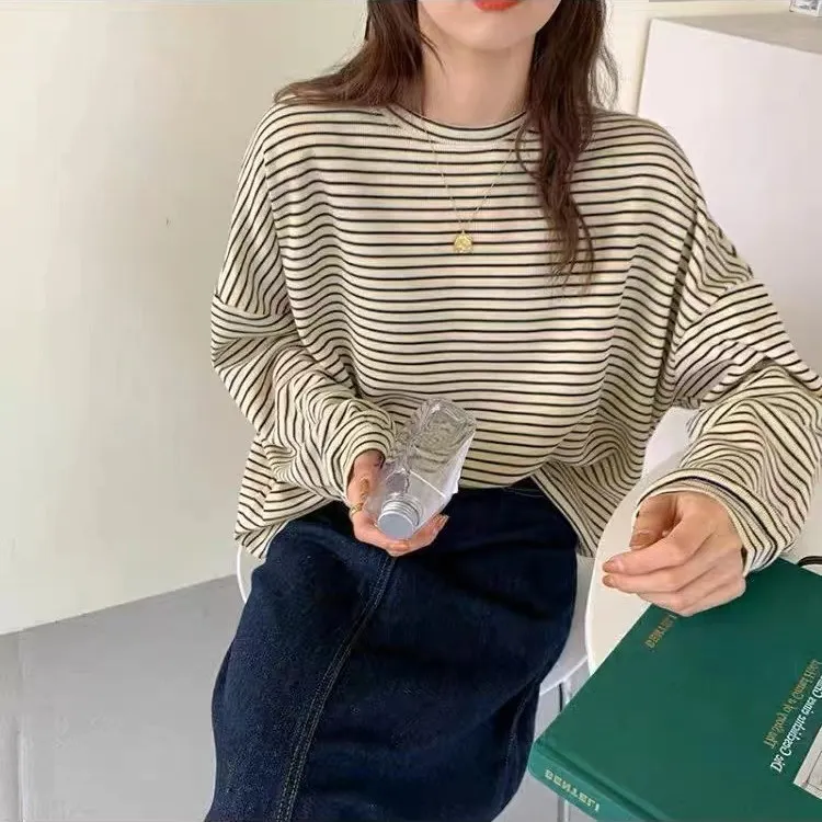 Brownm Brownm Undershirt With The 2024 Fall Women's Thin Loose New Round Collar Long-Sleeve T-Shirt