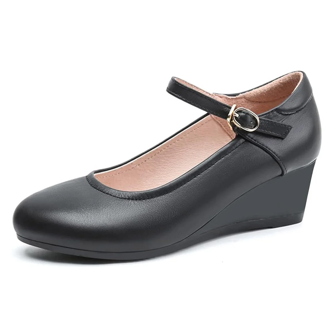 Women's Black Vegan Leather Round Toe Buckle Vamp Strap Wedge Pumps