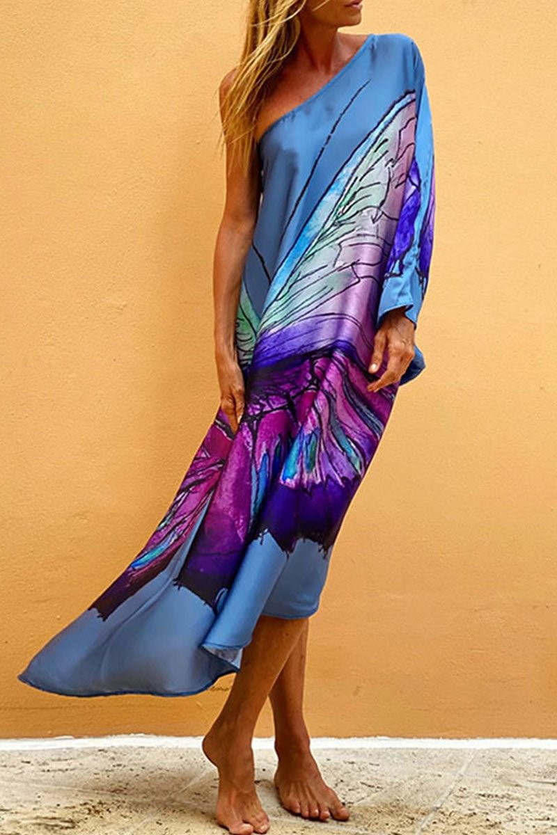 Fashion Vacation Print One Shoulder Irregular Maxi Dresses(5 Colors)