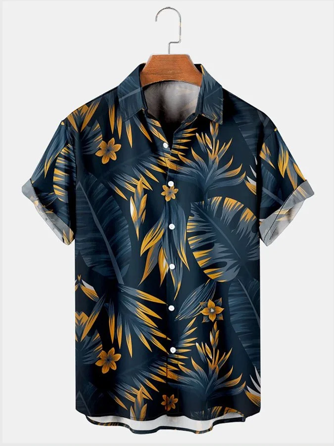 Mens Hawaiian Leaves Print Lapel Loose Chest Pockets Short Sleeve Funky Shirts