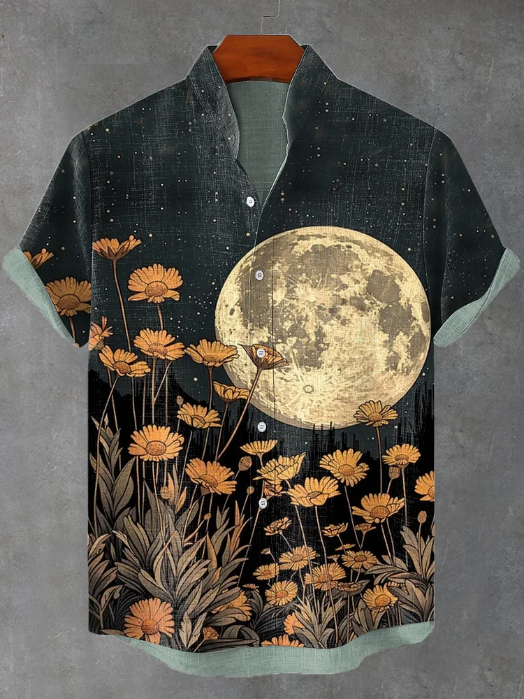 Men's Dark Night Moon Phase Boho Flowers Print Linen Blend Shirt