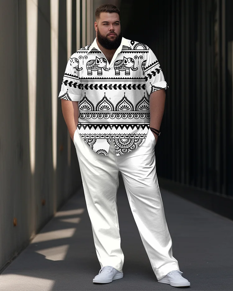 Men's Plus Size Business Casual Two-way Continuous Pattern Printed Short-sleeved Shirt Trousers Suit