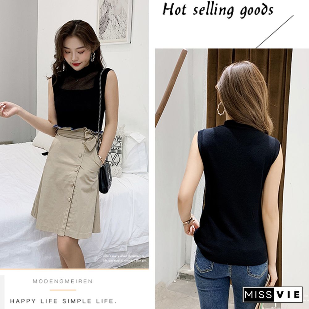 Hollow Out Sleeveless Women Knitted T Shirts Turtleneck Black Lace Sexy Lady Vest T Shirts Pink Loose Summer Thin Knit Tops