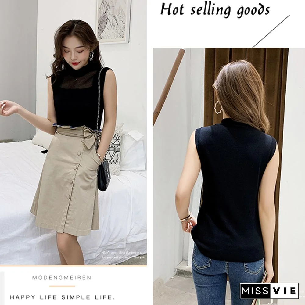 Hollow Out Sleeveless Women Knitted T Shirts Turtleneck Black Lace Sexy Lady Vest T Shirts Pink Loose Summer Thin Knit Tops