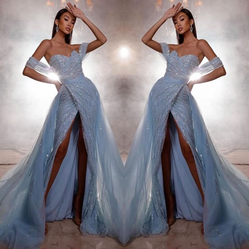 Bellasprom Sky Blue Off-the-Shoulder Evening Dress Mermaid SPlit Tulle ...