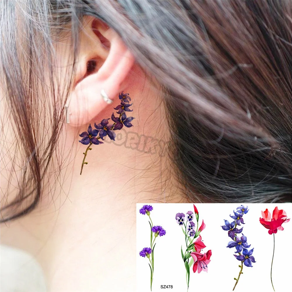 Black Poppy Flower Temporary Tattoos For Women Kids Realistic Lavender Plum Waterproof Fake Tattoo Sticker Tattoo Arm Body