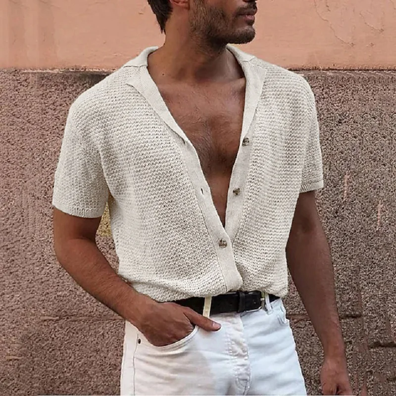 Mongw Mongw Men Casual Short Sleeve Top Knit Single Breasted Gentleman Cardigan Men's Turtleneck Sweater