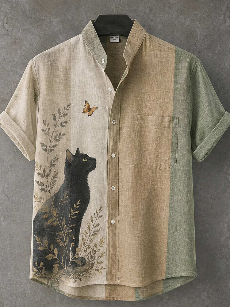 Men's Vintage Colorblock Black Cat & Butterfly Print Short-sleeve Shirt  artssus