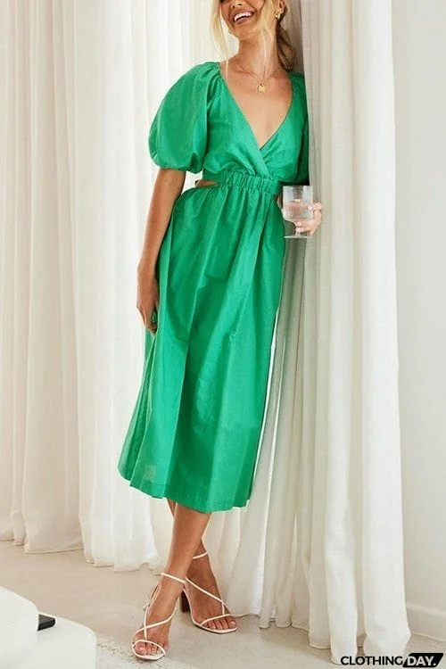 Cut Out Waist V Neck Puff Sleeve Dress