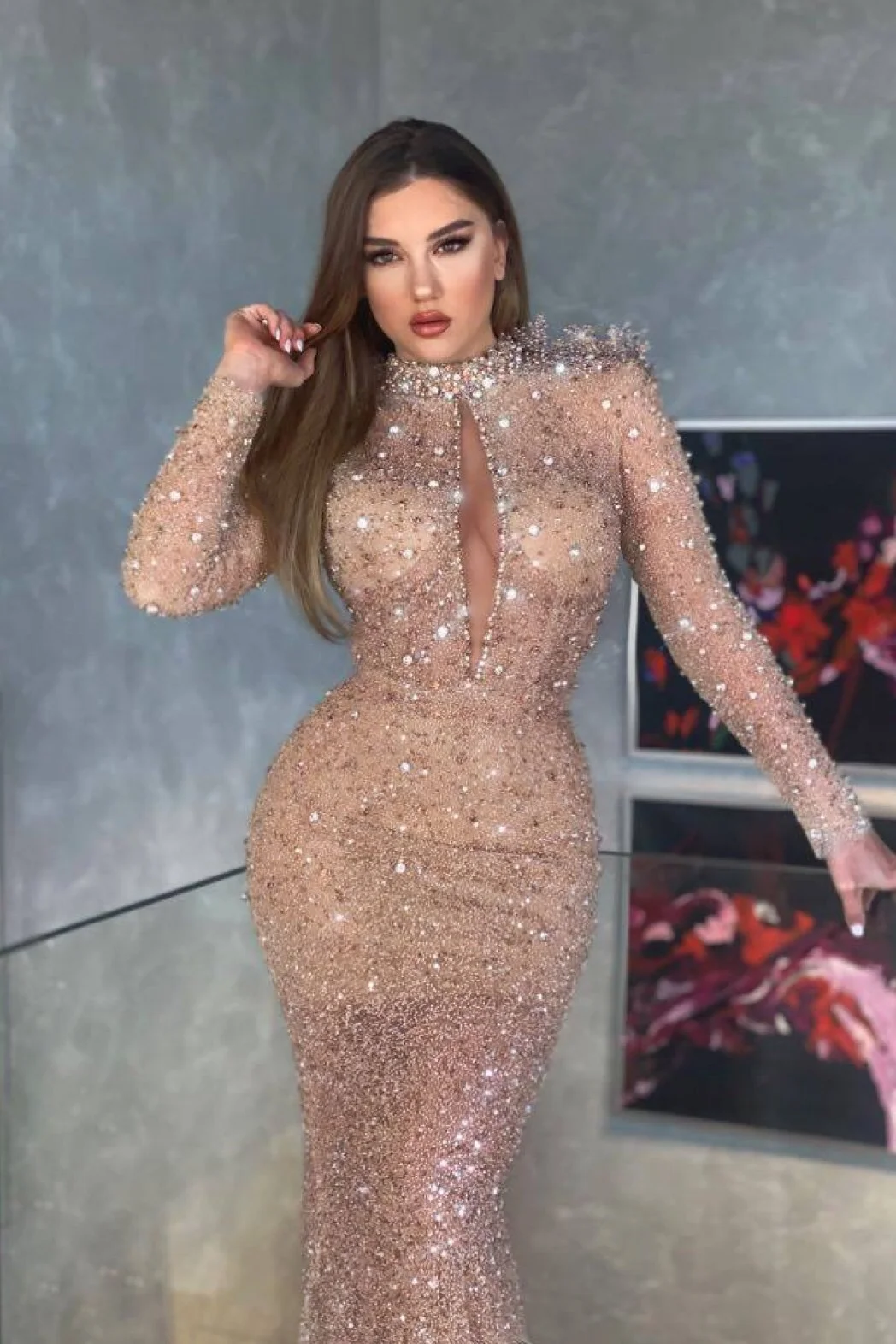 Regal Sapphire Sequined Mermaid Prom Dress with High Neck and Long Sleeves main image 1