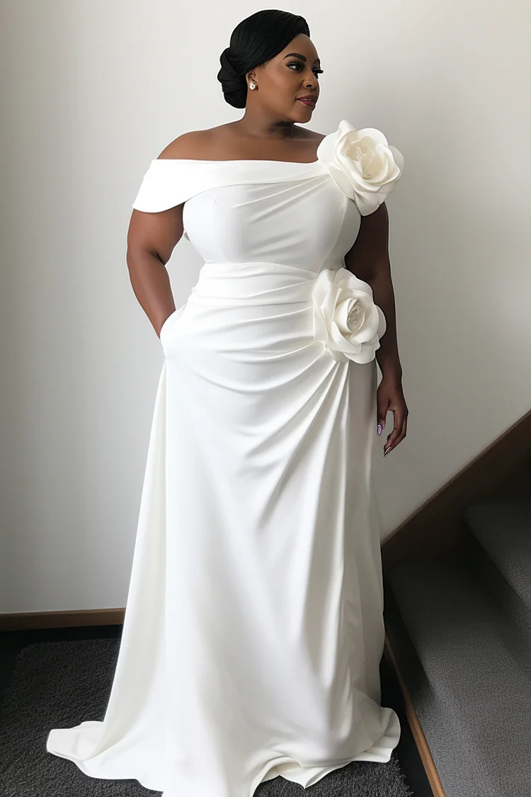 Xpluswear Design Plus Size Wedding White Elegant Asymmetrical Collar 3D Pocket Maxi Dresses [Pre-Order] 2024 - Xpluswear