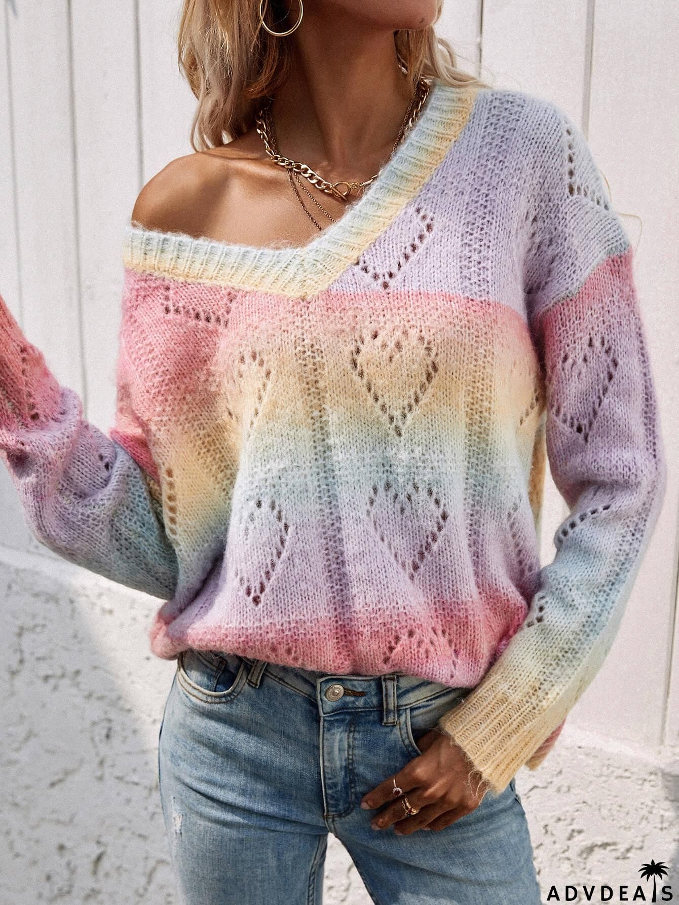 Tie-Dye V-Neck Drop Shoulder Pullover Sweater
