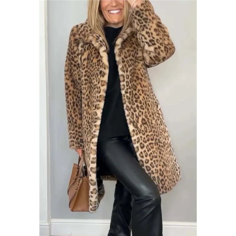 Athvotar Athvotar 2025 Fashion Leopard-Print Warm Plush Long Coat