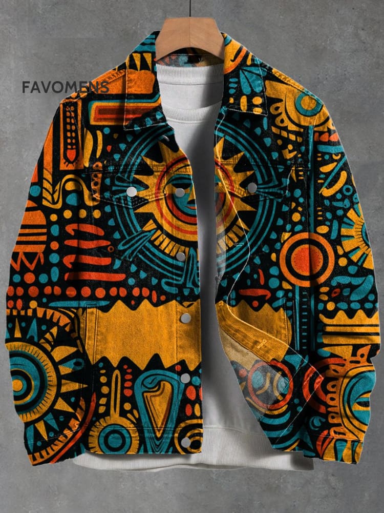 Vintage African Primitive Tribal Sun Totem Print Casual Denim Jacket Multicolor / S