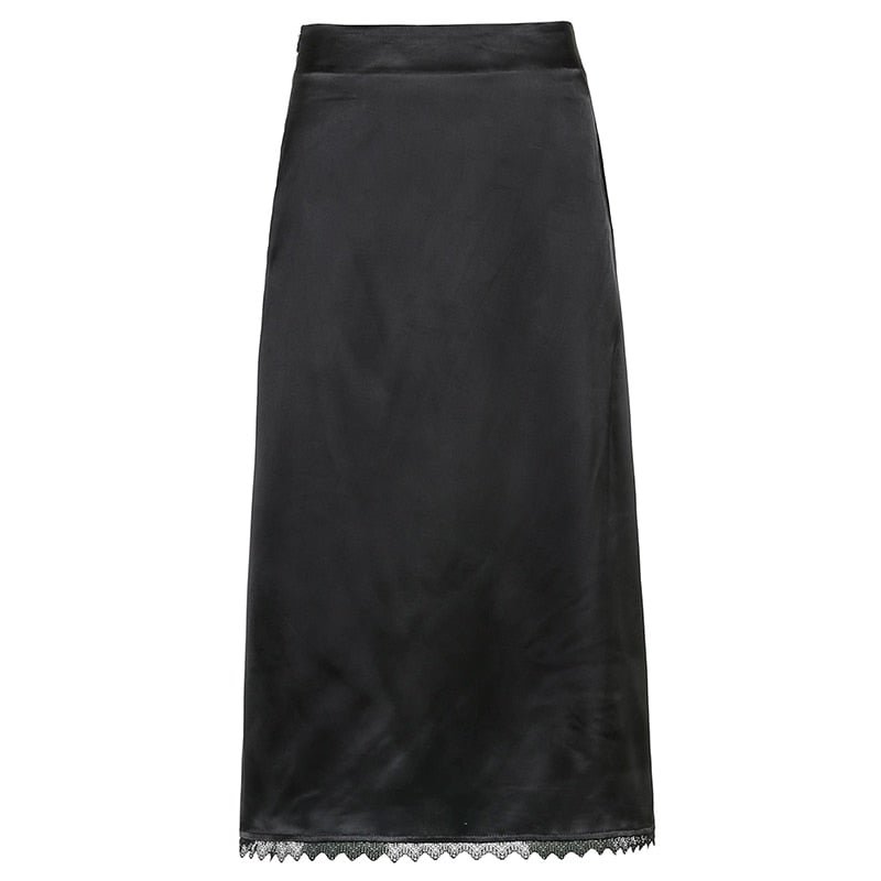 HEYounGIRL Vintage High Waist Satin Midi Skirt Women Brown Black Lace Patchwork Elegant Skirts Ladies Summer Streetwear  90s