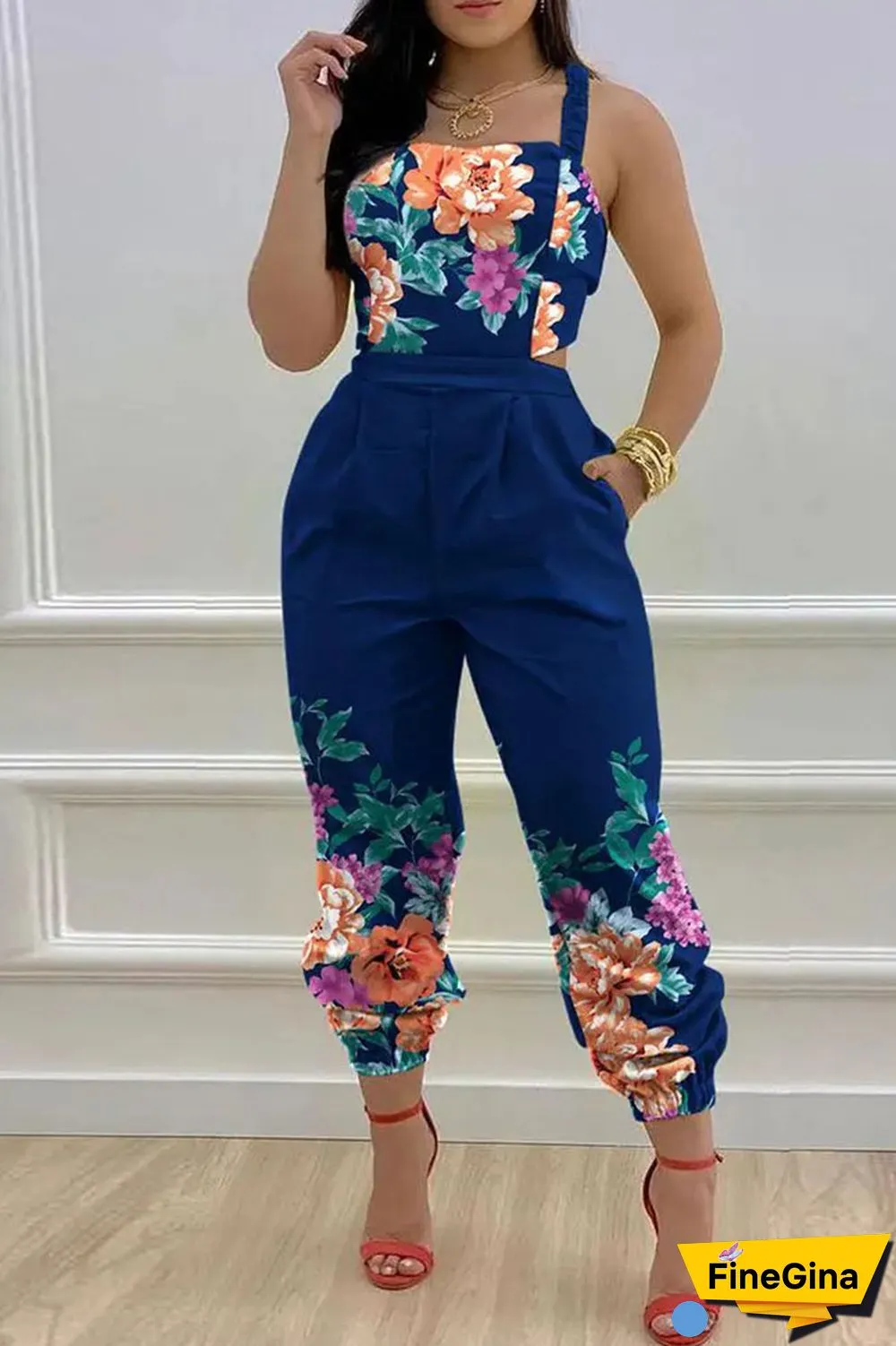 White Sexy Print Bandage Patchwork Backless Spaghetti Strap Regular Jumpsuits