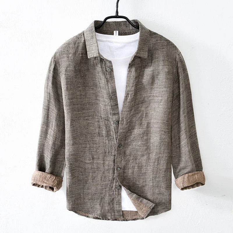 Inongge 100% Pure Linen Shirts for Men Long Sleeve Casual Turn-down Collar Basic Classic Tops Male Fashion Solid Color Retro Clothing