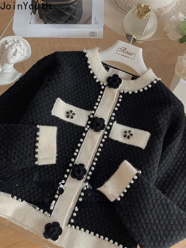 Nigikala Sweater Women Long Sleeve Knit Tops Winter Pull Femme Beading 3D Floral Y2K Clothes Fashion Elegant Cropped Cardigan 425-0