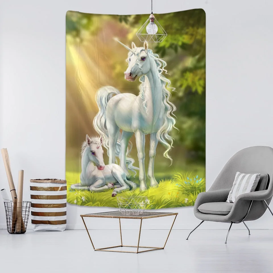 Colorful Unicorn Castle Tapestry Wall Hanging Bohemian Style Oil Painting Psychedelic Witchcraft Cute Home Decor