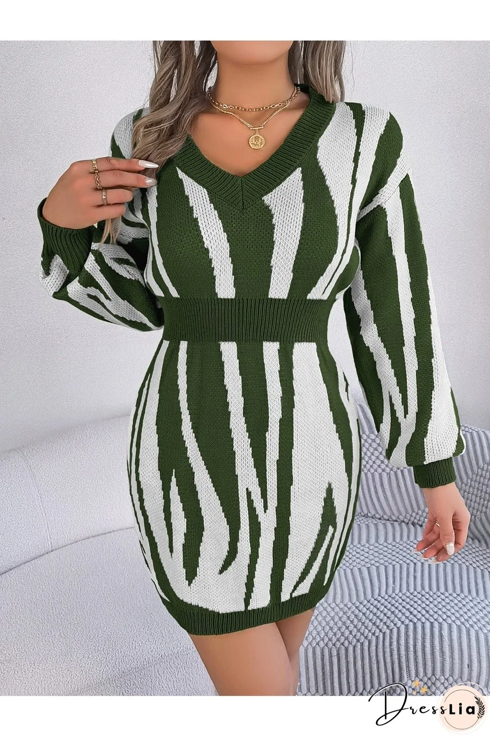 Animal Print V-Neck Long Sleeve Sweater Dress