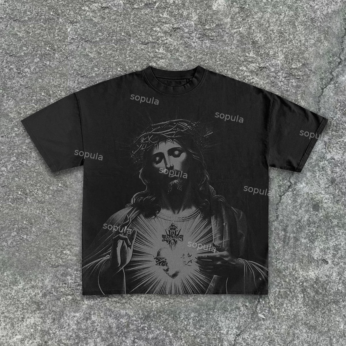 Vintage Jesus Print Round Neck Cotton T-Shirt - SOPULA