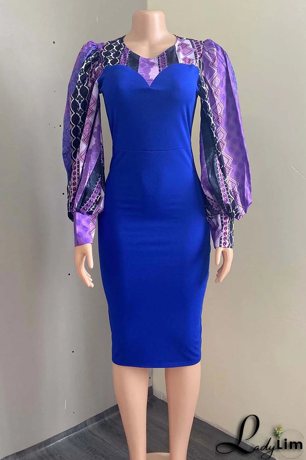 Blue Sexy Print Split Joint O Neck One Step Skirt Dresses