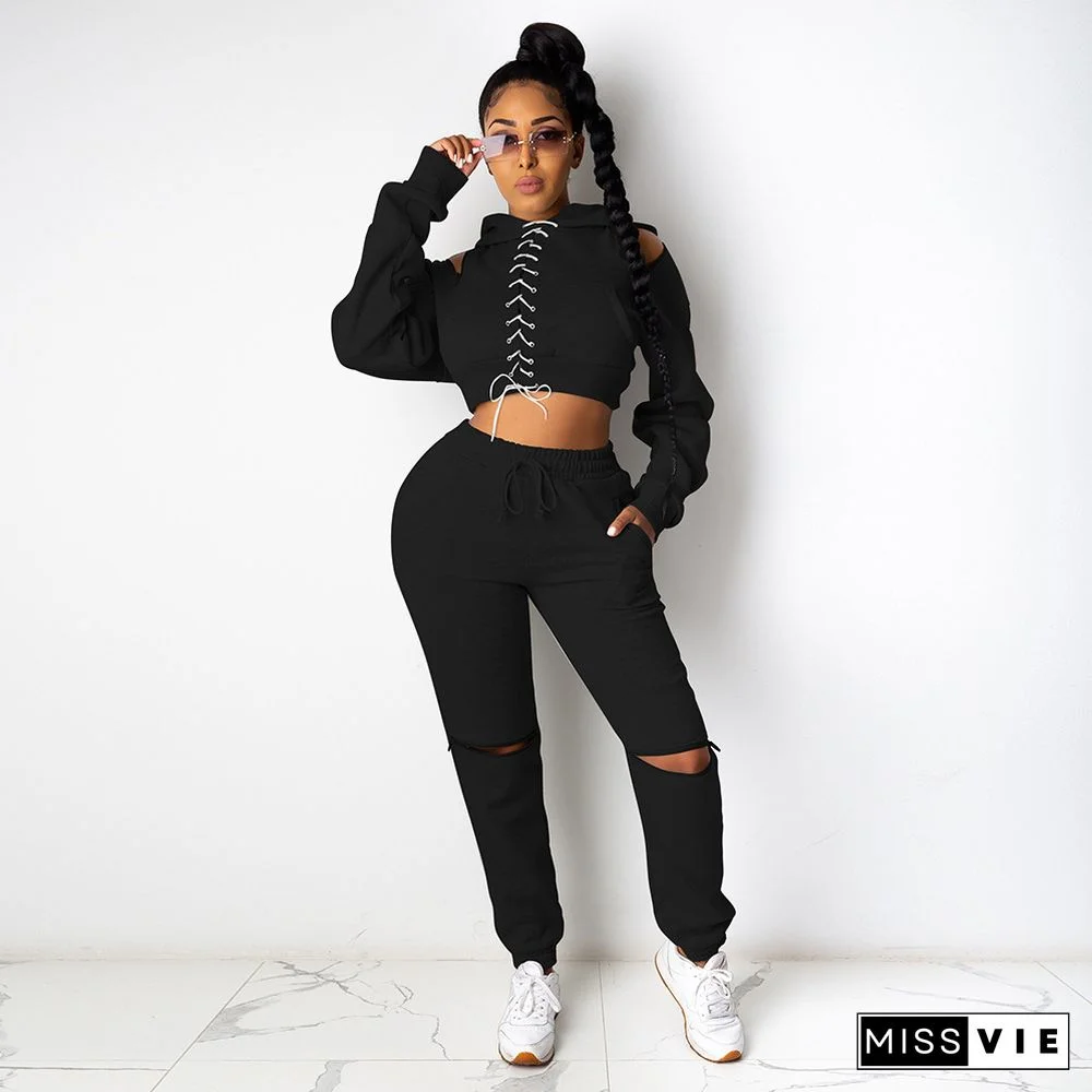 Cross Bandage Hooded Crop Top Hole Pants Outfits