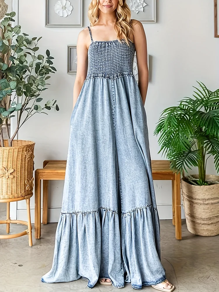 Women's Sleeveless Smocked Wide Leg Denim Jumpsuit - Casual Summer Outfit With Thin Straps, Ruching Detail & Long Length, Hand Wash Only