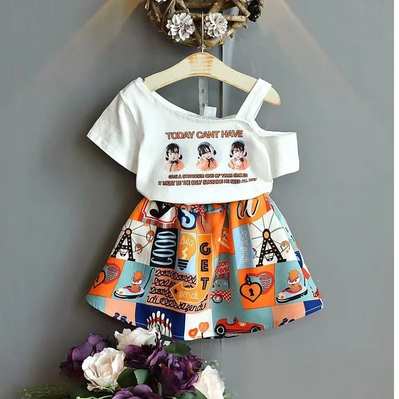 2021 Baby Girls Letter Printed Clothes 2 Piece Sets Summer Fashion Sleeveless Top Mini Skirt Dress Kids Outfit Suit Costume 1-6
