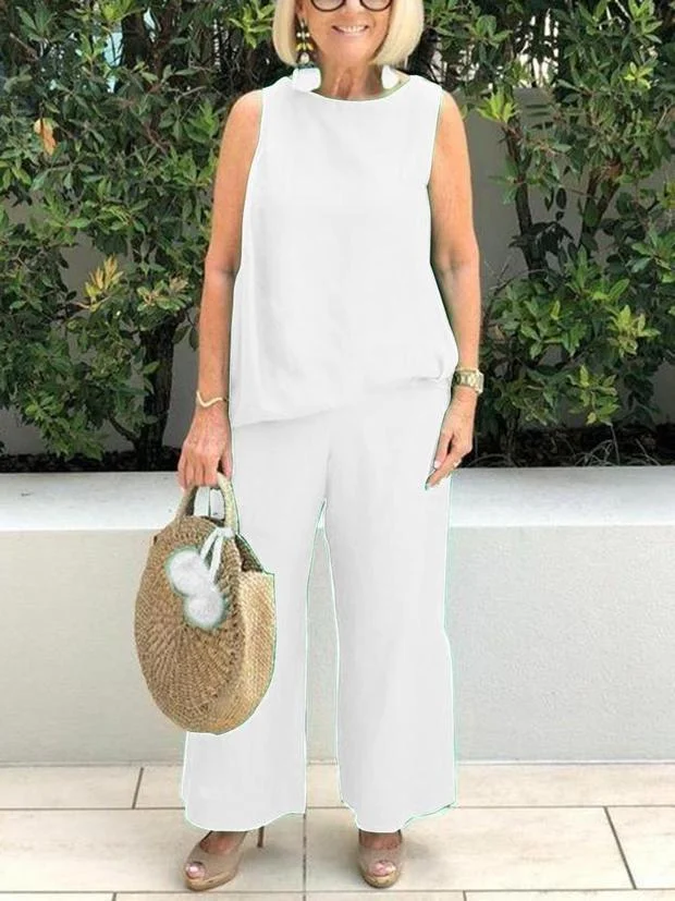 Simple Casual Loose Round Neck Top Pants Suit