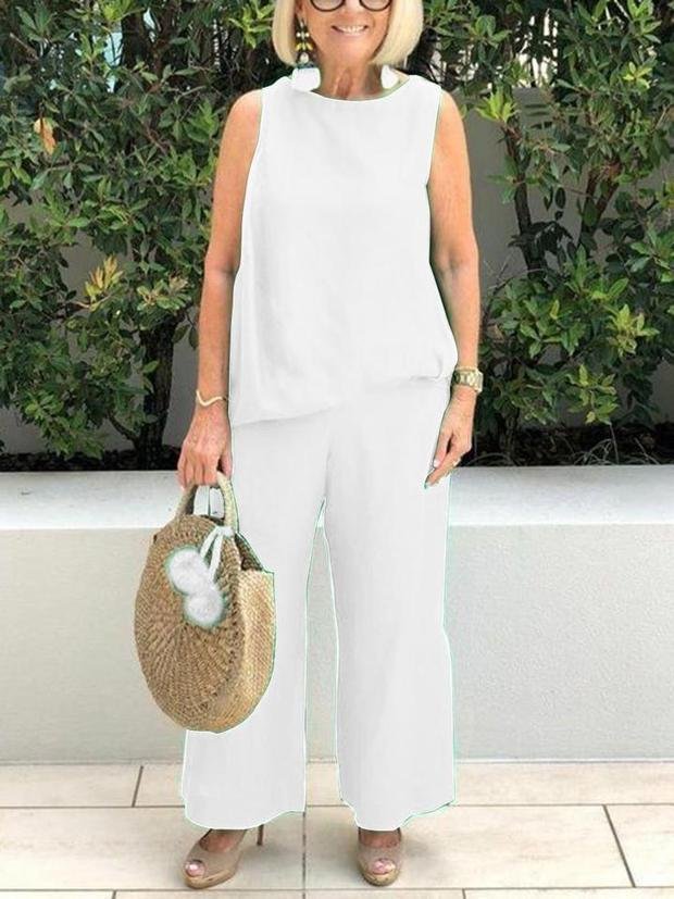 Simple Casual Loose Round Neck Top Pants Suit