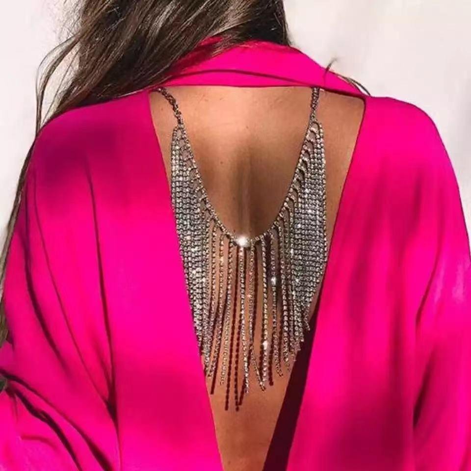 Long Tassel Rhinestone Necklace Back Chain-VESSFUL