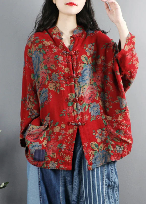 Chinese Style Red Print Pockets Button Patchwork Cotton Coats Long