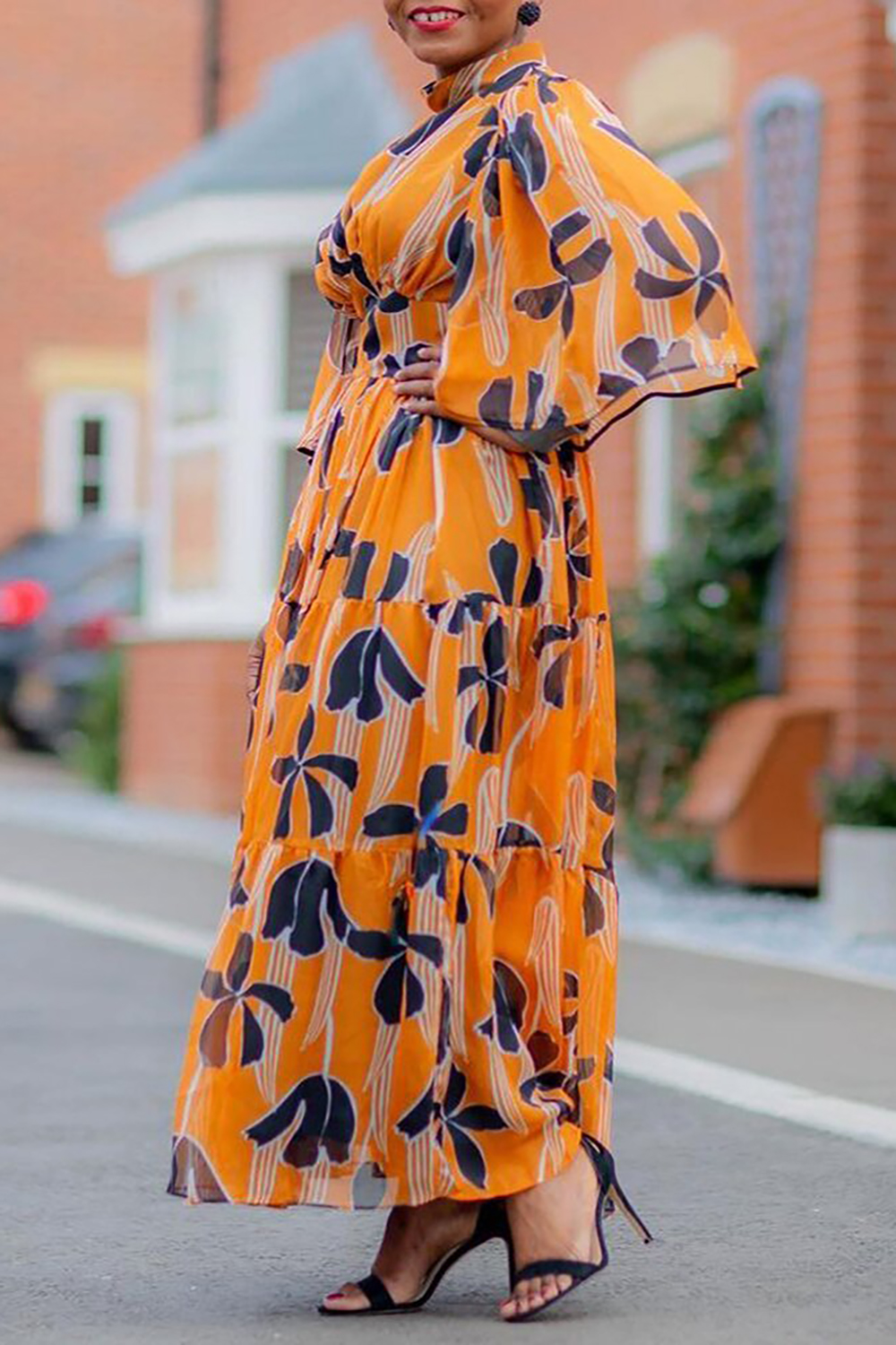 Plus Size Vacation Maxi Dresses Elegant Orange Tropical Print Spring Summer Mock Neck Petal Sleeve 3/4 Sleeve Chiffon Maxi Dresses