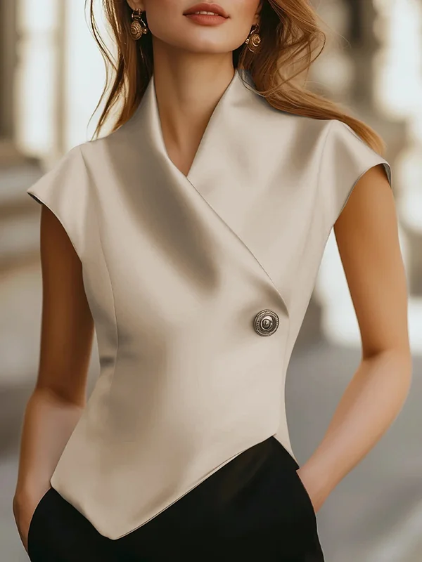Cap Sleeve Loose Buttoned Solid Color V-Neck Vest Top