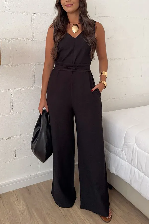 Elaris Linen Blend V-neck Tie-up Waist Pocketed H-line Wide Leg Jumpsuit
