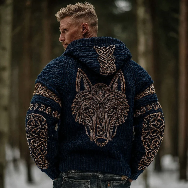 Men's Vintage  Viking Wolf Celtic Knot Art Chunky Knit Hooded Zip-up Sweater