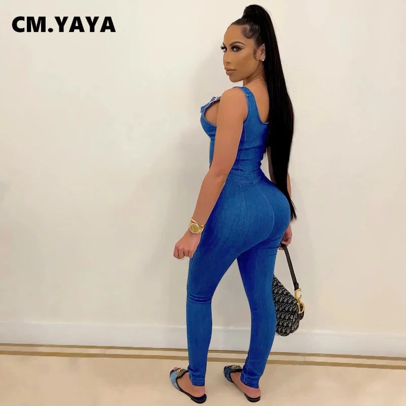 CM.YAYA Fake Jeans Women's Skinny Zipper Up Rompers Fashion Sleeveless Pencil Jumpsuit Bodycon Active One Piece Overalls