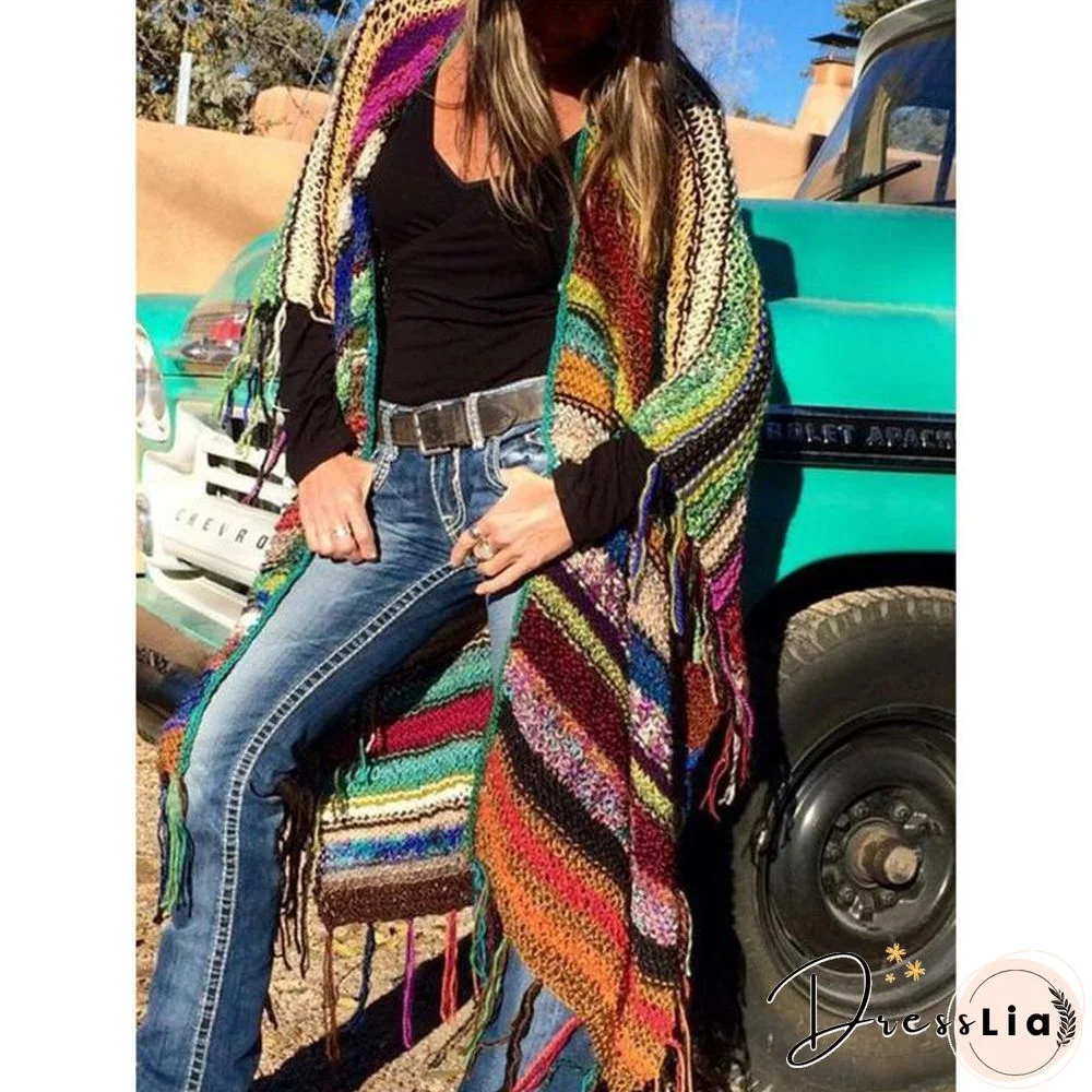 Color-Block Long Sleeve Tassel Knitted Outerwear