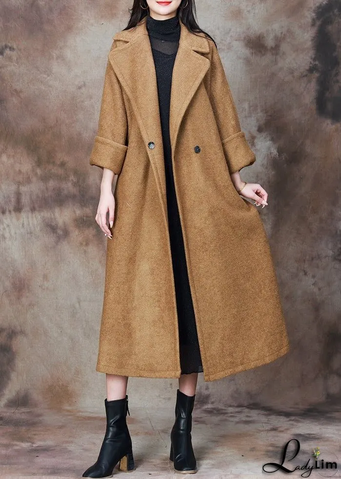 French Camel Notched Button Woolen Long Coat Winter