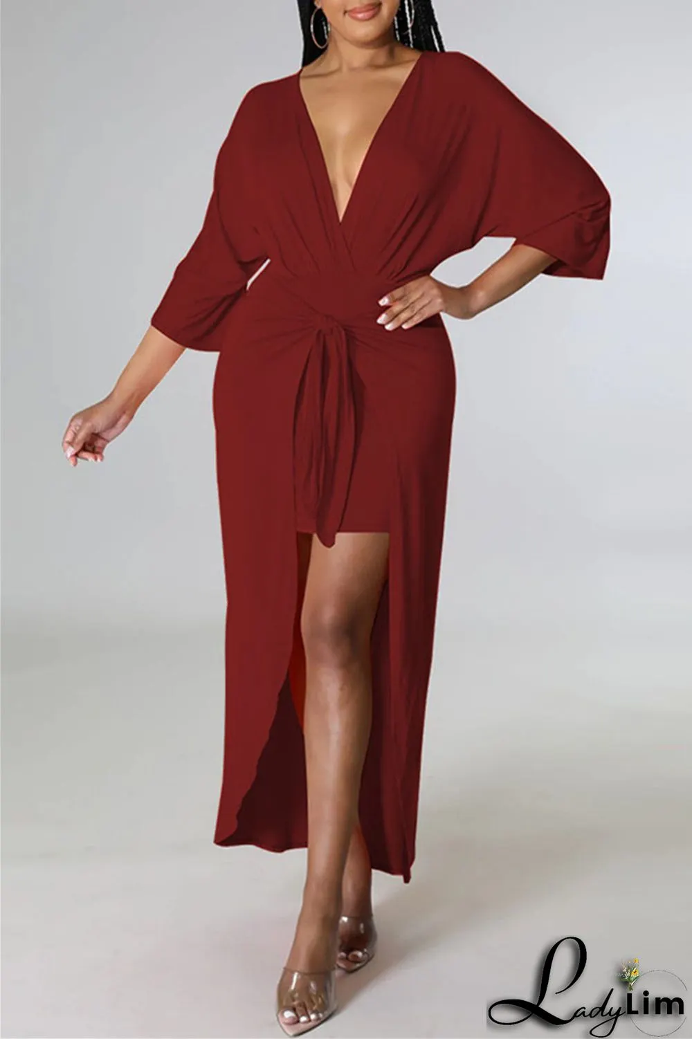 Burgundy Fashion Casual Solid Patchwork V Neck Irregular Dress