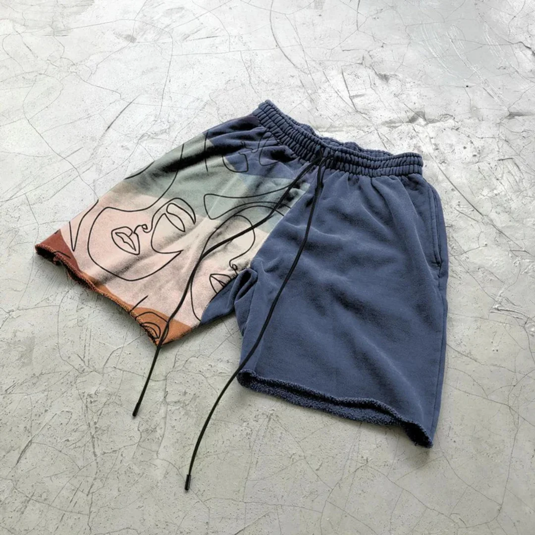 Men's Linear Characters Patch Print Shorts、、URBENIE