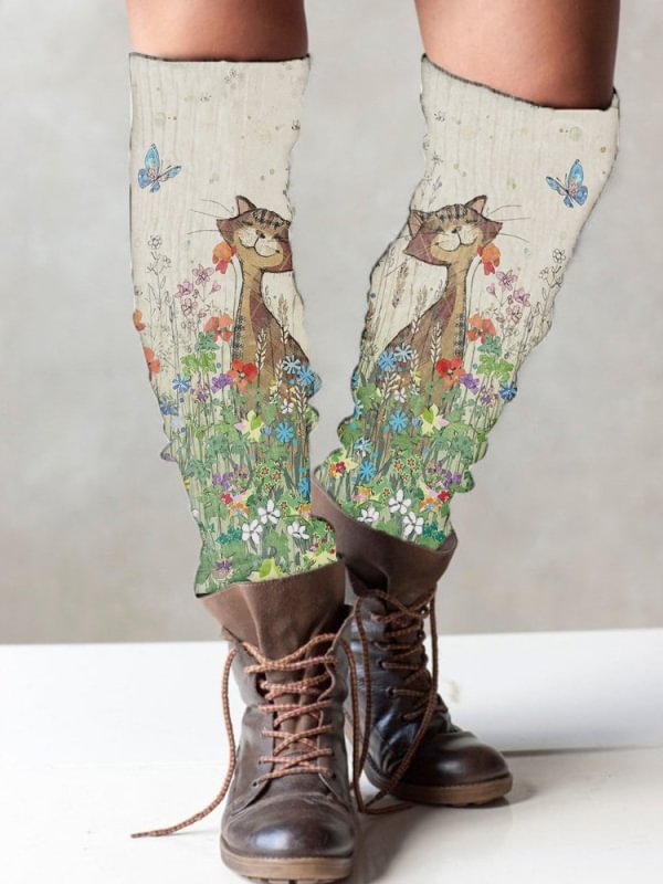 cute cat print knitted boots cuffs leg warmer
