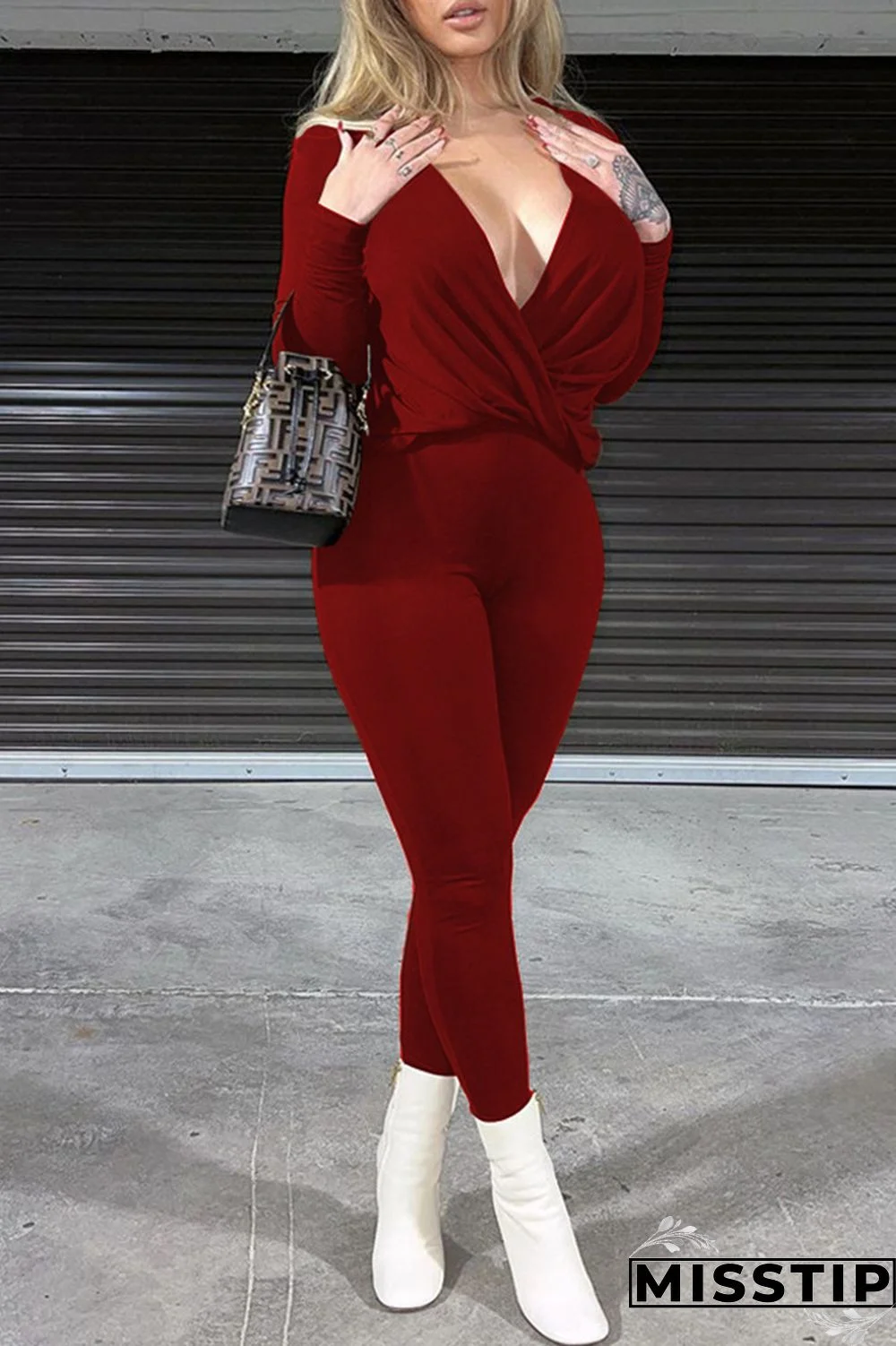 Orange Casual Solid Patchwork V Neck Long Sleeve Two Pieces