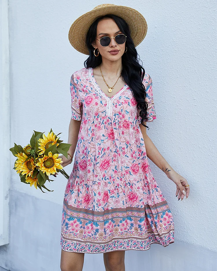 Women's Boho Dress V-Neck Floral Print A Line Holiday Dress